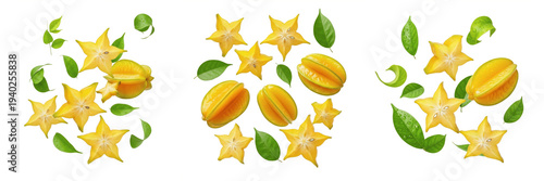 Foto Floating fresh star fruit slices and whole fruit with green leaves isolated on