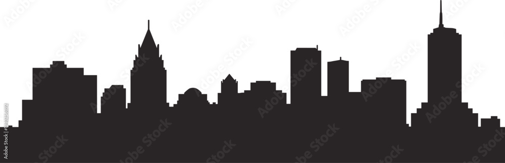 Naklejka premium Urban city skyline silhouette with modern skyscrapers and downtown buildings, minimalist black metropolitan cityscape panorama isolated on white background, architecture illustration design