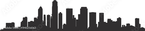 Urban city skyline silhouette with modern skyscrapers and downtown buildings, minimalist black cityscape panorama isolated on white background, metropolitan architecture illustration