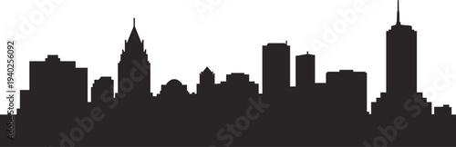 Urban city skyline silhouette with modern skyscrapers and downtown buildings, minimalist black metropolitan cityscape panorama isolated on white background, architecture illustration design