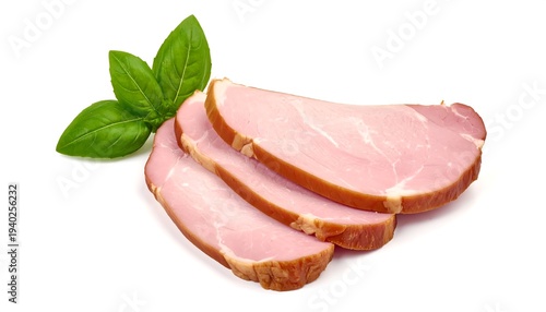 Delicious Slices of Ham with Fresh Basil Leaves.