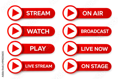 Red play button icons for live stream, on air, broadcast, and video playback