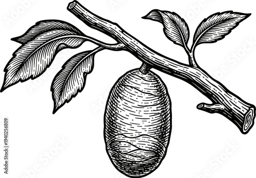 Vintage Silkworm Cocoon Attached To A Branch With Leaves Detailed Engraving Style