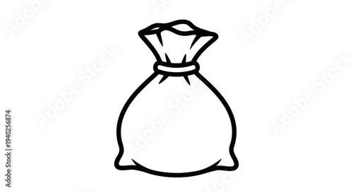 A simple black and white drawing of a money bag with a tied top.
