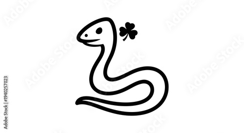 A simple line drawing of a snake with a four-leaf clover near its head.