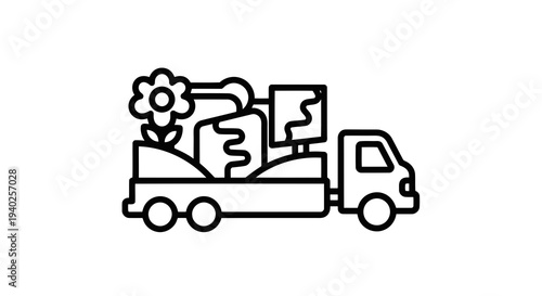 A simple line drawing of a truck carrying machinery parts and a gear.