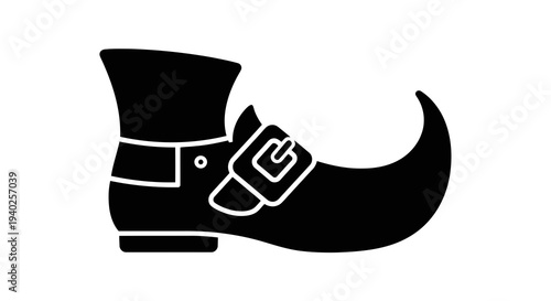 A black graphic illustration of a medieval style shoe with a long curving toe.