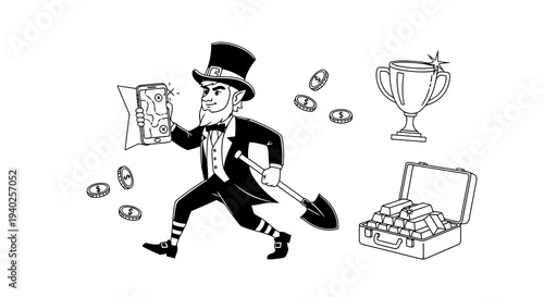 A man in a top hat running with money and a trophy nearby.