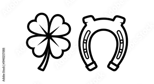 A simple drawing of a four-leaf clover and a horseshoe side by side on a white background.
