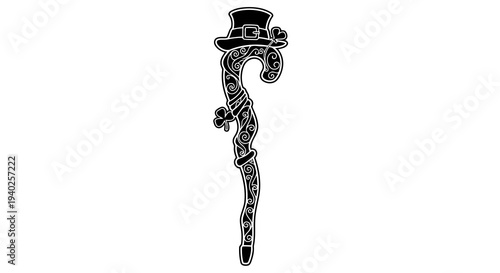 A black and white illustration of a decorative hairpin or brooch with a top hat design.