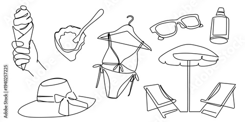 A set of hand drawn continuous line drawing elements for summer vacation, beach chair, bikini, oyster, hat, sunglasses, sunscreen, ice cream. Editable stroke.