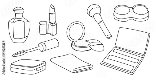 A set of hand drawn continuous line drawing elements for makeup products mascara, powder, makeup palettes, makeup brushes, perfume, lipstick, and contact lenses. Editable stroke.