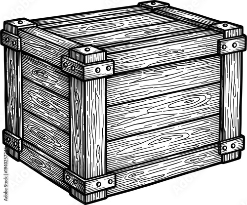 Vintage Wooden Crate With Metal Reinforcements Isolated On White Background Line Art