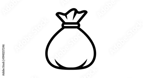 A simple black and white illustration of a money bag with a tie at the top.
