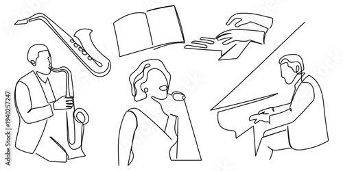 A set of hand drawn continuous line drawing elements for orchestra music, singers, saxophone players, pianists, and sheet music. Editable stroke.