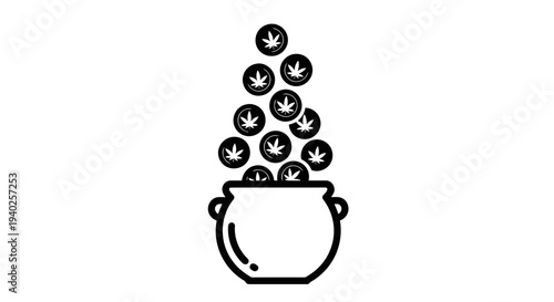 A simple illustration of a pot filled with cannabis leaves.