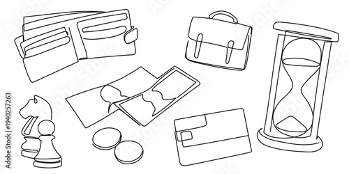 A set of hand drawn continuous line drawing elements for finance, wallet, credit card, banknotes, bag, hourglass, and chess. Editable stroke.