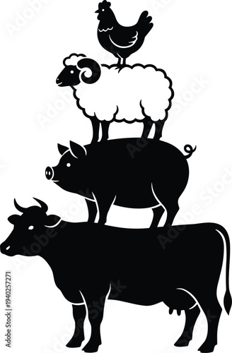 Farm animals stack silhouette with cow, pig, sheep and chicken, livestock farm vector illustration for agriculture and rural design