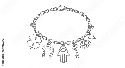 A delicate charm bracelet featuring various symbolic charms in a simple line drawing style.