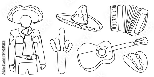 A set of hand drawn continuous line drawing elements for Mexican culture, Mexican people, hats, musical instruments, tacos, and cacti. Editable stroke.