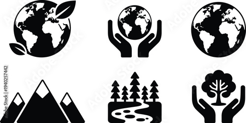 Environmental protection and nature conservation icon set, earth globe, forest landscape and eco sustainability vector symbols for green ecology design