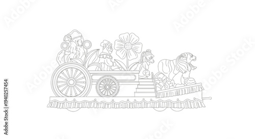 A detailed line drawing of a horse-drawn carriage with people inside and around it.