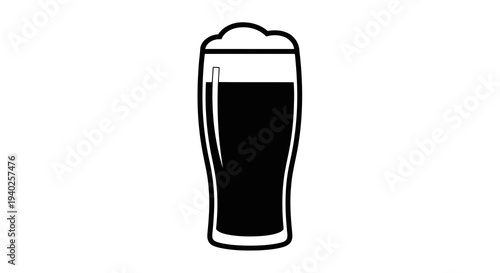 A simple black and white illustration of a glass of dark beer with foam on top.