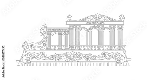 An ornate, classical building facade with intricate carvings and columns, rendered in detailed black and white illustration.