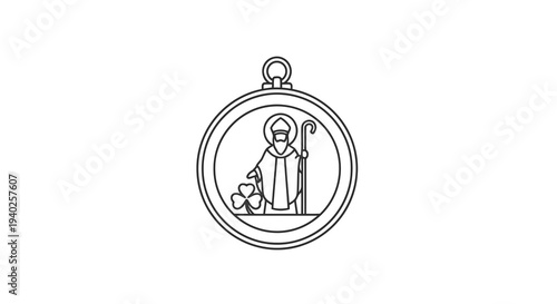 A simple line drawing of a pendant featuring a shepherd with a lamb.