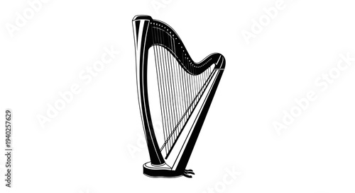A simple black and white illustration of a harp on a white background.