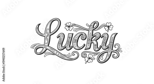 A stylized black and white image of the word lucky with decorative elements.