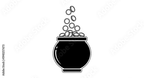A black pot filled with coins and coins spilling out of it.