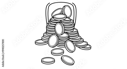 A simple line drawing of a jar overflowing with coins.