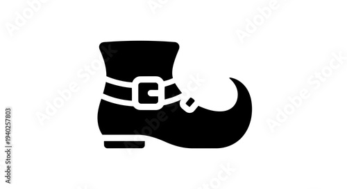 A black silhouette of a buckled boot with a curved toe