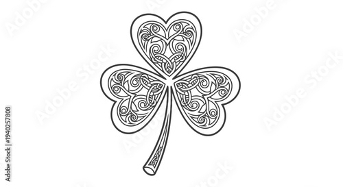 A beautifully designed four-leaf clover with intricate patterns and a slender stem.