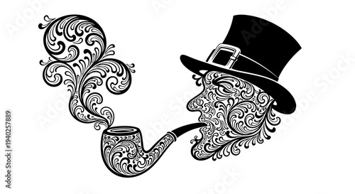 A black and white illustration of a man's face with a top hat and a smoking pipe.