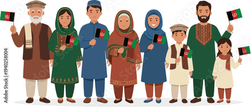 Illustration of a diverse family holding Pakistani flags in traditional clothing on a white background with a patriotic mood.