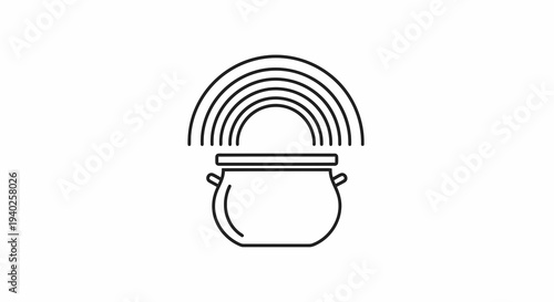 A simple line drawing of a pot with a rainbow emanating from it on a white background.