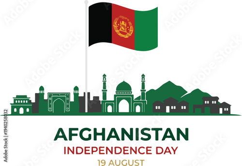 Graphic illustration of Afghanistan Independence Day on August 19th with a flag waving over a cityscape in green, red, and yellow hues.