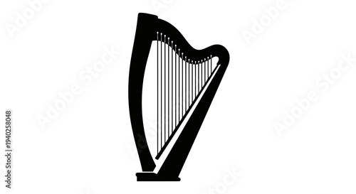 A simple black and white illustration of a harp on a white background.