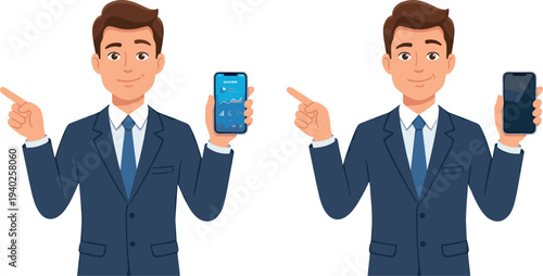 Two men in blue suits pointing at smartphones with different interfaces