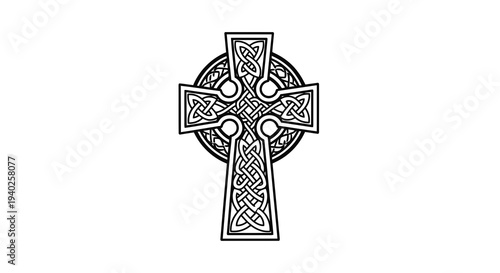 Intricately designed celtic cross with knotwork patterns on a white background.