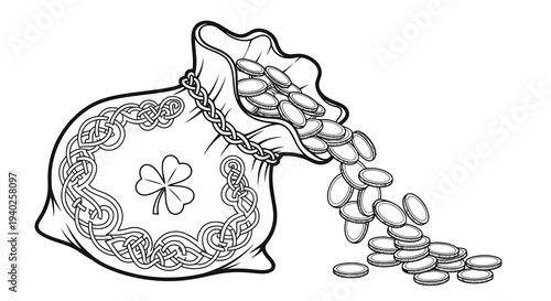 A bag of coins overflowing with currency and a shamrock design on it.