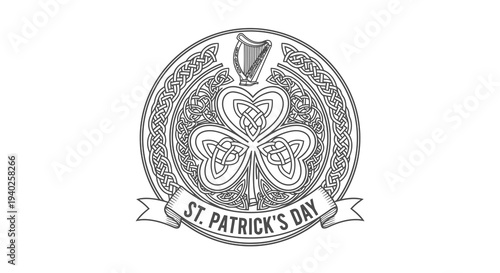 St patrick's day emblem with shamrock and intricate border design.