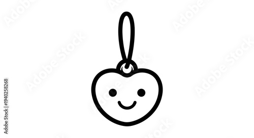 A simple black and white line drawing of a smiling apple keychain on a plain background.