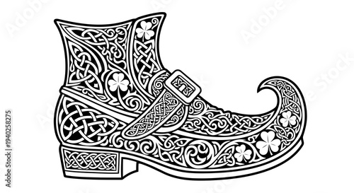 Intricately designed medieval style boot with floral patterns and curved toe.