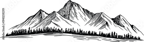 Hand drawn mountain landscape with forest silhouette, vintage engraving style nature vector illustration for outdoor adventure, hiking and wilderness design