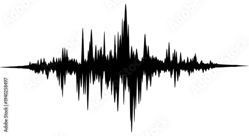 Spiky Black Audio Waveform Depicting Intense Sound Frequency on Isolated White Background.