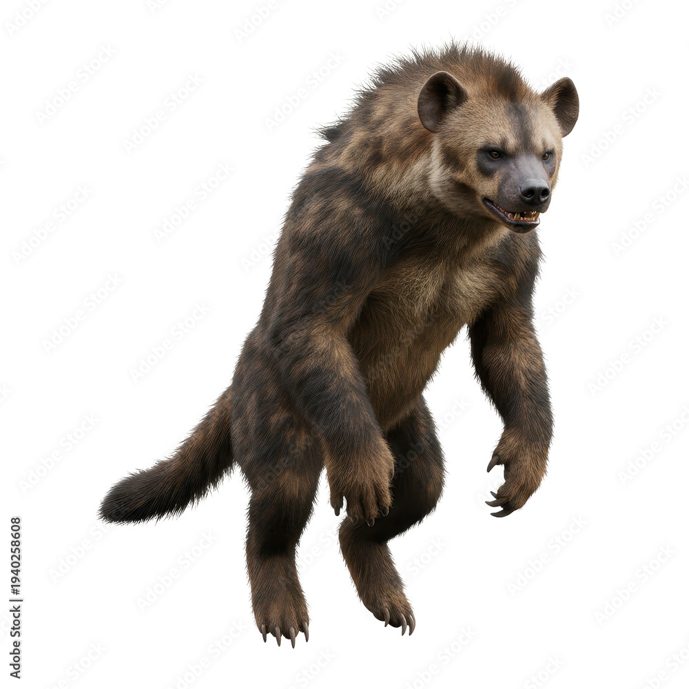 Fototapeta premium Brown Hyena with Striped Fur Standing Upright