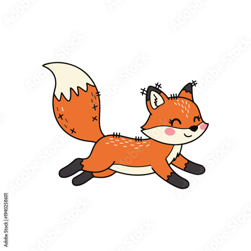 Cute Cartoon Red Fox Running Happily, Adorable Woodland Animal Illustration